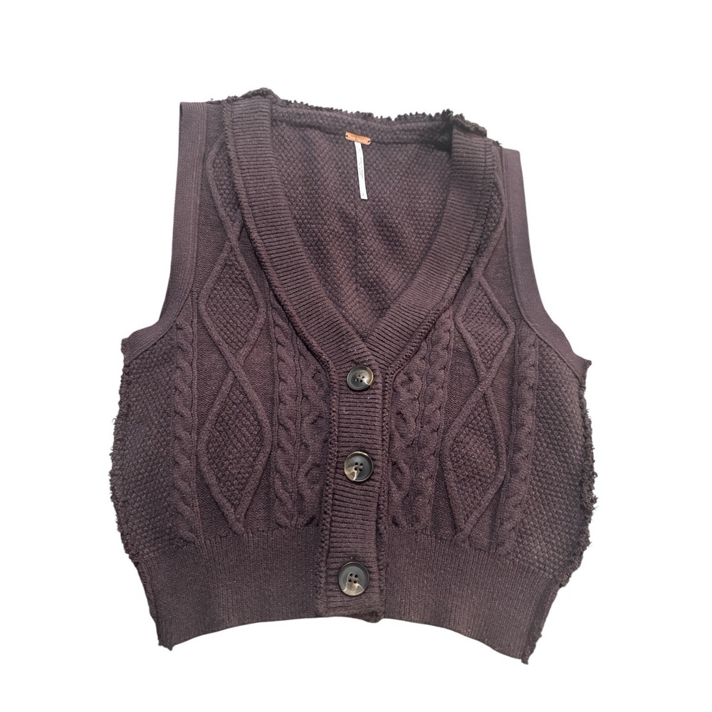 🤑Free People 🤎Brown Cable Knit V-Neck Button Up Sweater‎ Vest Top Small - Picture 3 of 5